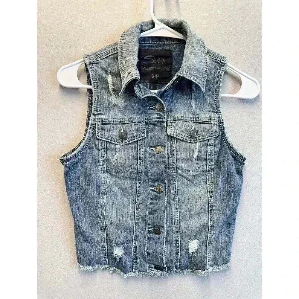 Silver Vest Women’s Small Blue Jean Denim Cropped Moto Trucker Biker Distressed‎